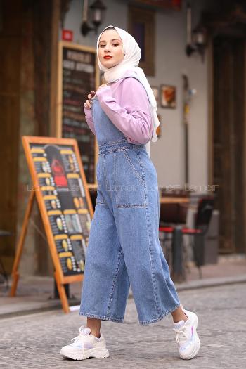 Blue Pool Neck Denim Unprinted Overalls