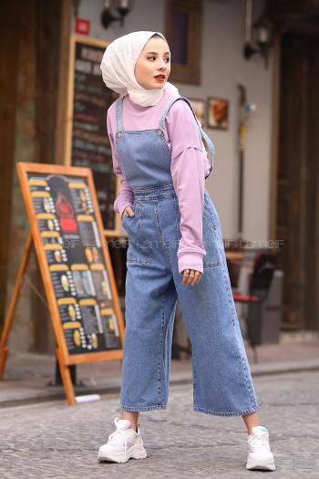 Blue Pool Neck Denim Unprinted Overalls