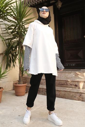 Lamelif Kolu Çizgi Detaylı  Kapüşonlu Sweat Ekru