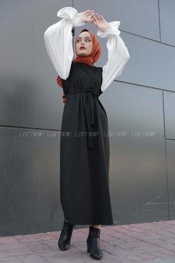 Lamelif Balon Kol Kemerli  Tesettür Elbise Siyah