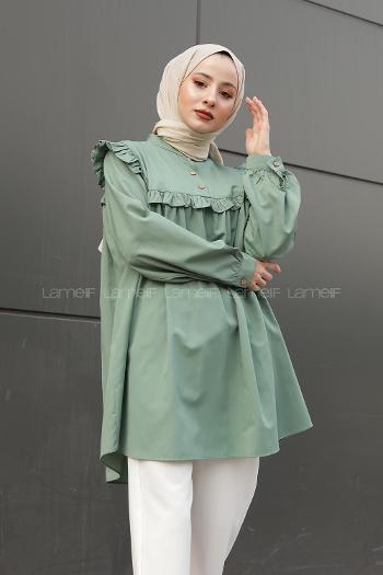 Omuz ve Göğüs Kısmı Fırfırlı Yarım Düğmeli Şık Tunik Çağla Yeşili