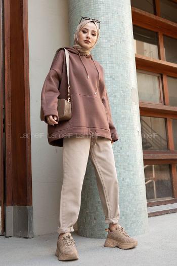 Lamelif Etek Ucu Bağcıklı Kanguru Cep Sweatshirt Acı Kahve