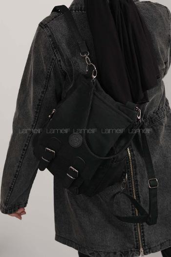 Lamelif  Krinkıl Kumaş Sırt Ve Kol Çantası Siyah