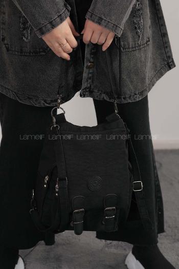 Lamelif  Krinkıl Kumaş Sırt Ve Kol Çantası Siyah