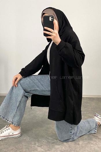 Lamelif Önü Fermuarlı Kapüşonlu Hırka Siyah