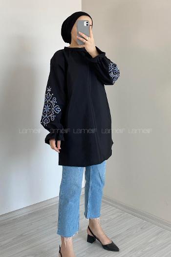 Lamelif Kol Baskılı Tunik Siyah