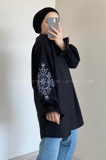 Lamelif Kol Baskılı Tunik Siyah