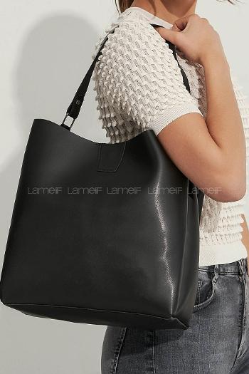 Lamelif  Mıknatıslı Fermuar Bölmeli Omuz Çantası  Siyah