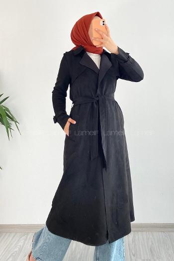 Black Long Arm Suede Trench Coat