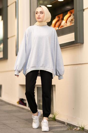 Lamelif Balon Kol Yaka Ve Etek Ucu Manşetli Bol Sweat Gri