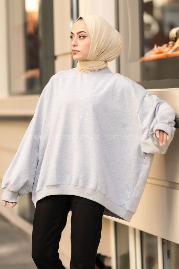 Lamelif Balon Kol Yaka Ve Etek Ucu Manşetli Bol Sweat Gri
