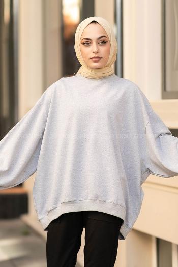 Lamelif Balon Kol Yaka Ve Etek Ucu Manşetli Bol Sweat Gri