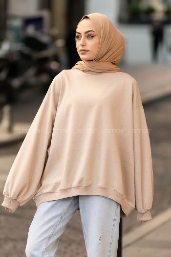 Lamelif Balon Kol Yaka Ve Etek Ucu Manşetli Bol Sweat Sütlükahve