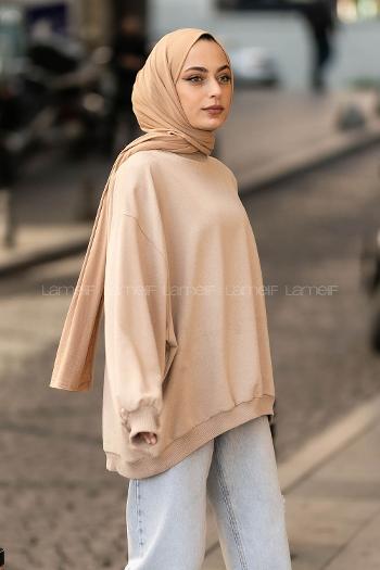 Lamelif Balon Kol Yaka Ve Etek Ucu Manşetli Bol Sweat Sütlükahve