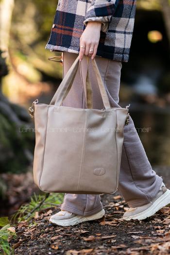 Lamelif Fermuar Detaylı Omuz Çantası Bej