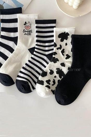 Lamelif 5 Çift Siyah Beyaz İnek Desenli Çizgili Tenis Çorabı