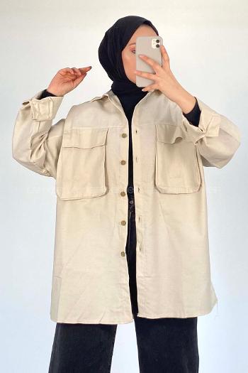 Lamelif Bombe Cepli Gabardin Gömlek Taş