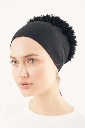 Lamelif Dikişsiz Bağlamalı fırfırlı Bone Siyah