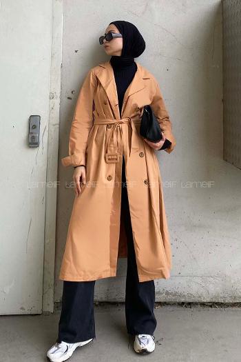 Lamelif Önü Düğmeli Belden Bağlamalı Trenç Koyu Bej
