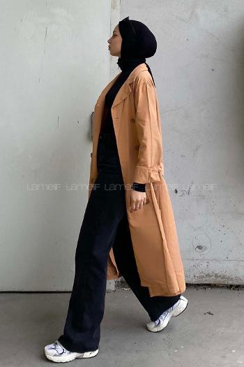 Lamelif Önü Düğmeli Belden Bağlamalı Trenç Koyu Bej