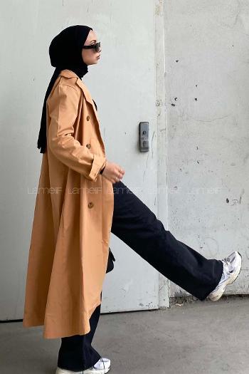 Lamelif Önü Düğmeli Belden Bağlamalı Trenç Koyu Bej