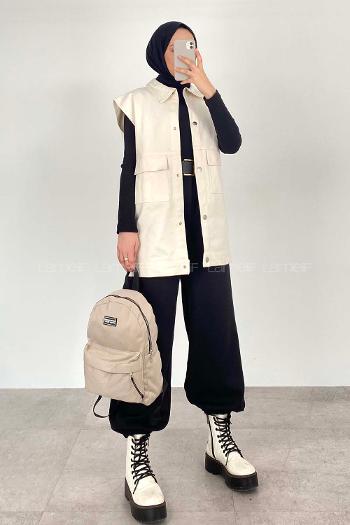 Cream Shirt Collar Zero Arm Without Accessories Cotton Unprinted Vest