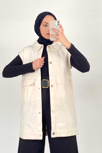 Cream Shirt Collar Zero Arm Without Accessories Cotton Unprinted Vest
