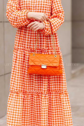 Lamelif  Zincir Askılı Nakışlı Omuz Çantası Oranj