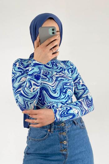 Blue Mock Turtle Neck Long Arm Viscose Fabric Body