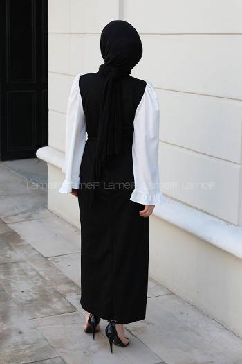 Lamelif Garnili Kolu Volanlı Tesettür Elbise Siyah