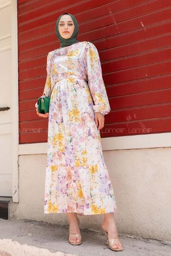 Modalamelif Çiçek Desenli Etek Ucu Volanlı Saten Elbise Sarı- Lila