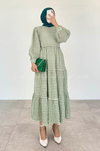Modalamelif Balon Kol Ekose Elbise Çağla Yeşili