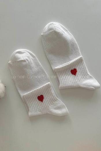 Lamelif Kalp Nakış İşlemeli Beyaz Tenis Çorap