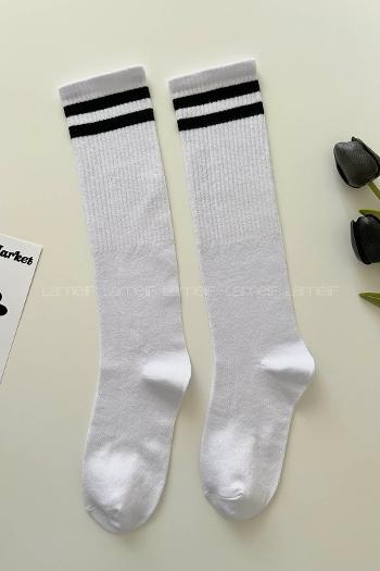 Lamelif Beyaz Siyah Çizgili Diz Altı Spor Çorap