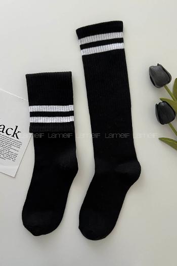 Lamelif Siyah Beyaz Çizgili Diz Altı Spor Çorap