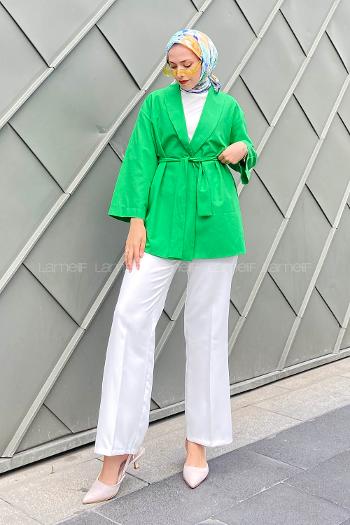 Modalamelif Şal Yaka Düz Renk Beli Kuşaklı Kimono Yeşil