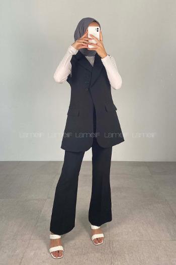 Modalamelif Kapak Cep Detaylı Pensli Yelek Takım Siyah