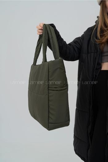 Lamelif Kabartmalı Puf Kumaş Çanta Haki