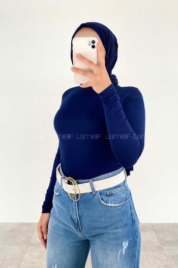 Lamelif Yarım Balıkçı Yaka Düz Renk Body Lacivert