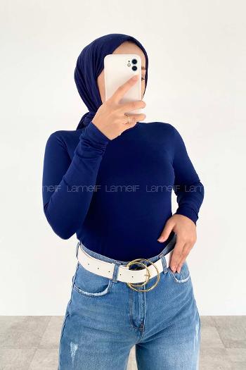 Lamelif Yarım Balıkçı Yaka Düz Renk Body Lacivert