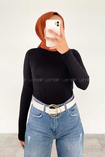 Lamelif Yarım Balıkçı Yaka Düz Renk Body Siyah Renk