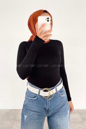 Lamelif Yarım Balıkçı Yaka Düz Renk Body Siyah Renk