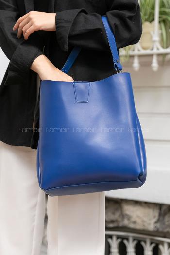 Lamelif  Mıknatıslı Fermuar Bölmeli Omuz Çantası Mavi