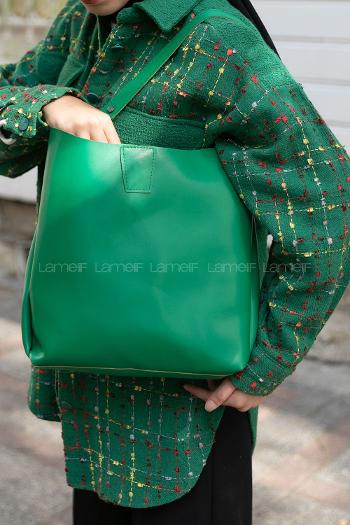Lamelif  Mıknatıslı Fermuar Bölmeli Omuz Çantası Yeşil