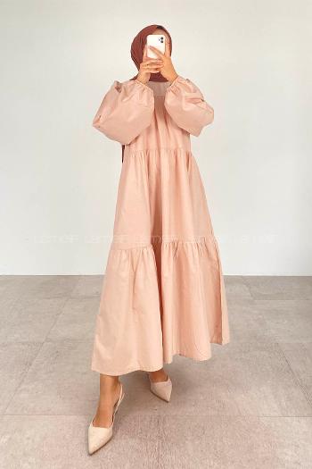 Modalamelif Poplin Uzun Balon Kol Elbise Taş Renk