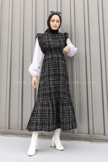 Lamelif  Sıfır Kol Detaylı Tesettür Elbise Siyah
