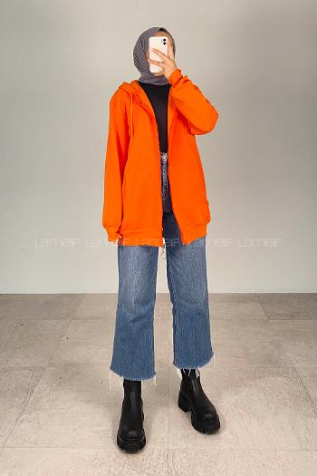 Lamelif Kapüşon Detaylı Kanguru Cepli Fermuarlı Hırka Turuncu