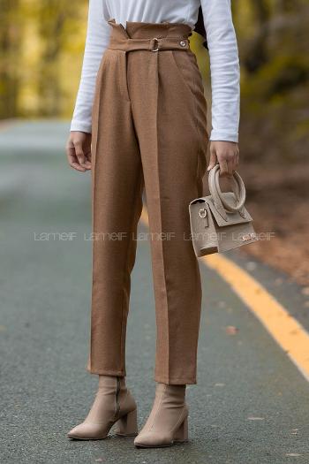 Camel Linen High Waist Linen Pants - Cream Color Pants | 123465