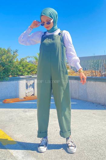 Khaki Normal Neck Linen Unprinted Overalls