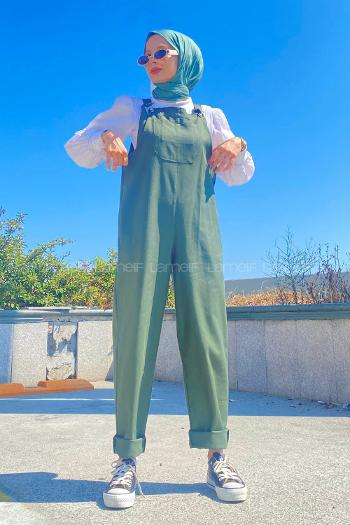 Khaki Normal Neck Linen Unprinted Overalls